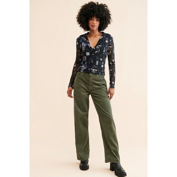 AGOLDE Low Slung Baggy Corduroy Pants Dark Green Olive Size 28 Designer casual